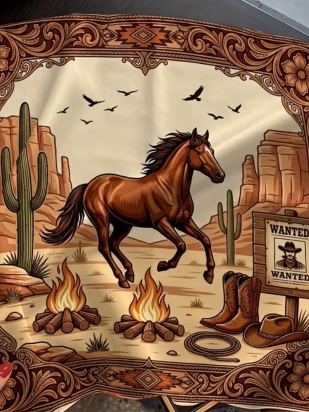 “Wanted” Western Horse Print Scarf in Brown and Cream
